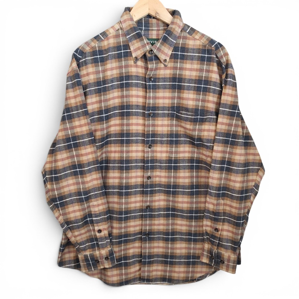 Orvis Flannel Shirt Mens Large Brown Plaid Shacket Outdoor Button Camping Cotton